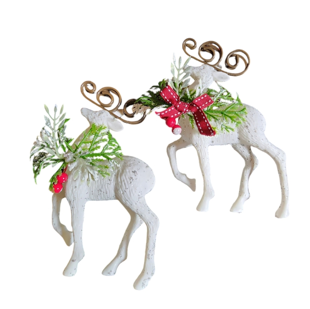 Vintage Pair Of 6"Glittery White Plastic Blow Mold Christmas Reindeer Ornaments